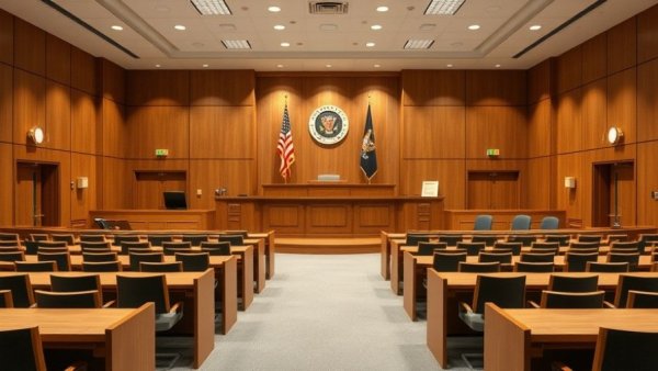 Modern courtroom setup with flags in the background, highlighting mandatory public defenders in bond hearings.