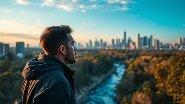 Man considering moving to Bentonville Arkansas with city and nature background.