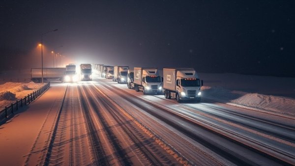 Winter Storm Impact I-40: Trucks and vehicles in snow on highway at night.
