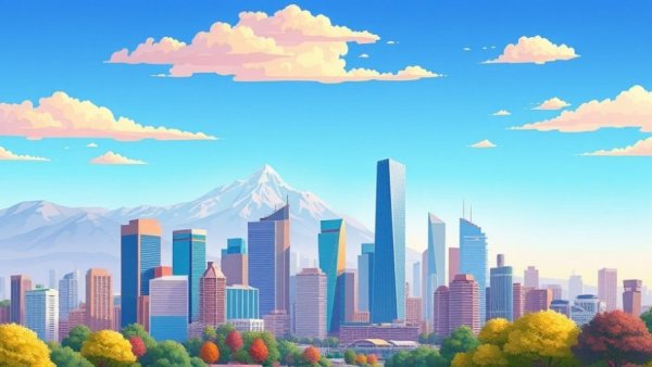 Illustrated modern cityscape with mountains - Best-Performing Cities Ranking 2026.