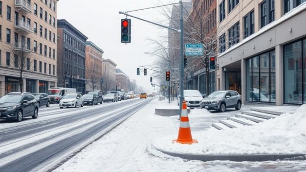 Urban street scene after snowfall, highlighting school closures due to icy roads.
