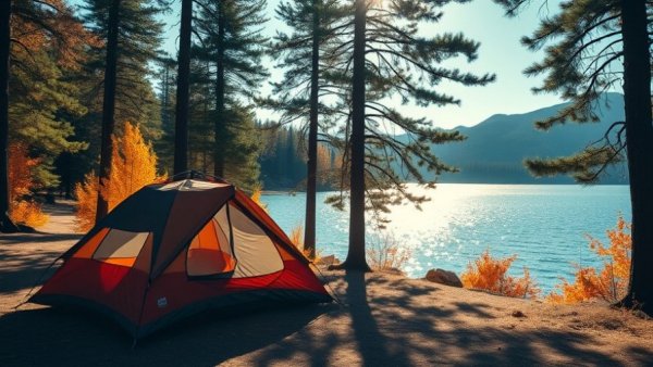 Spring Break Arkansas camping by a lakeside with tent under pines.