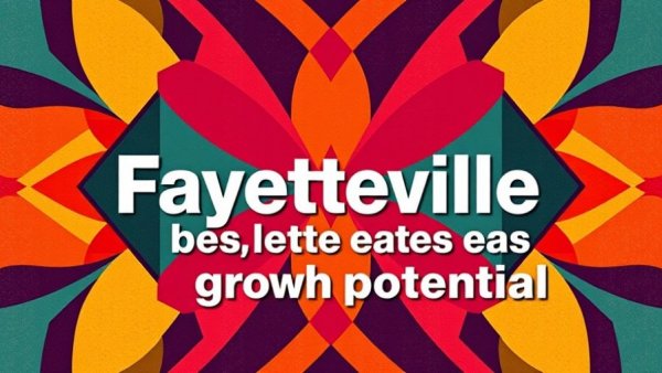 Fayetteville East growth development text on geometric pattern.