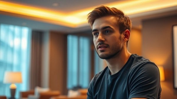 Ukrainian student in Doha focusing on speaking calmly in a hotel room