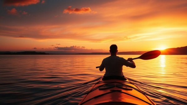 Kayaker enjoying sunset on Arkansas lake, emphasizing outdoor adventures.
