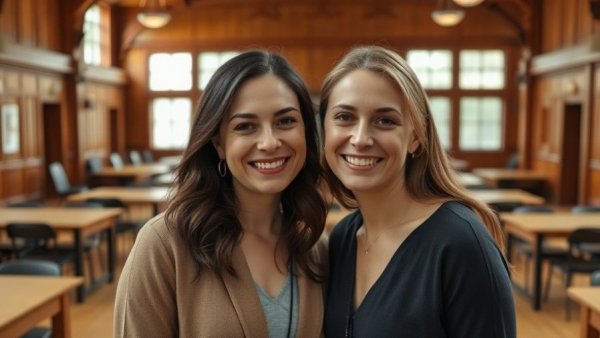Photorealistic portrait of two women in a hall, Oklahoma tornado tragedy.