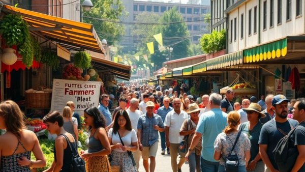 Bentonville Farmers Market with people enjoying the lively atmosphere.