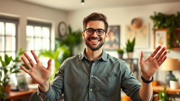 Casual man waving in a welcoming home office setting.