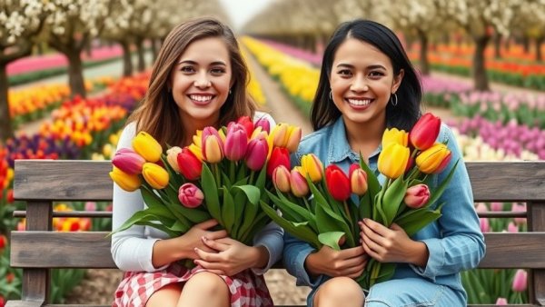Women holding tulips at Arkansas Tulip Festival display.