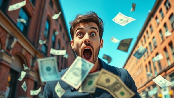 Surprised man in Fayetteville surrounded by money, Billion Dollar Investment.