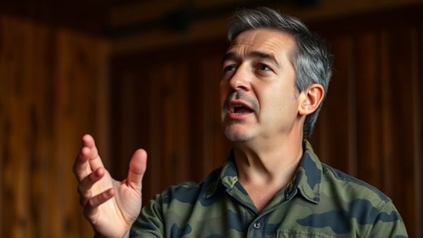 Man discussing passionately in a camo shirt with wooden backdrop.