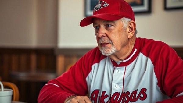 Arkansas Razorbacks coach in red uniform at a press conference.