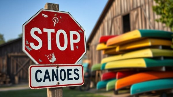 Vintage canoe stop sign in rustic setting with colorful canoes.