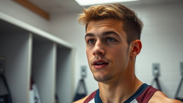 Young male athlete giving a message in a locker room.