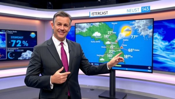 Male meteorologist in suit presenting potential for strong storms.