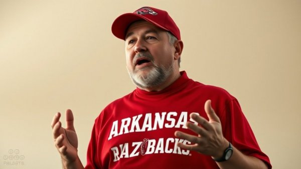 Mature man in Arkansas Razorbacks gear speaking indoors, vibrant red.