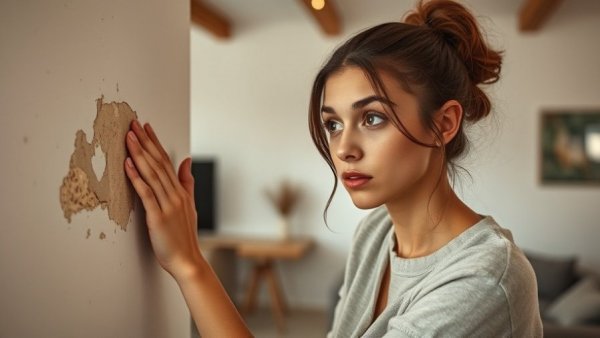 Young woman inspecting wall for hidden mold in living room.