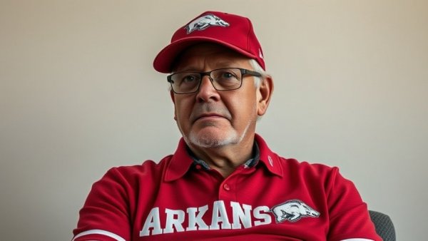 Arkansas Razorbacks fan wearing team attire, focused indoors.