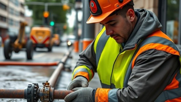 Fort Smith water line break inspection by worker in high-visibility gear.