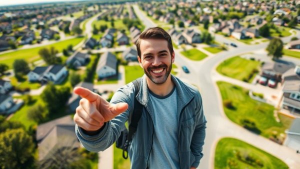 Smiling man choosing the best place to live in NWA, pointing at neighborhood.