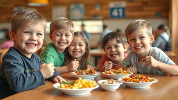 Joyful children enjoying healthy meals at a cafeteria table for Chef's Night for No Kid Hungry.