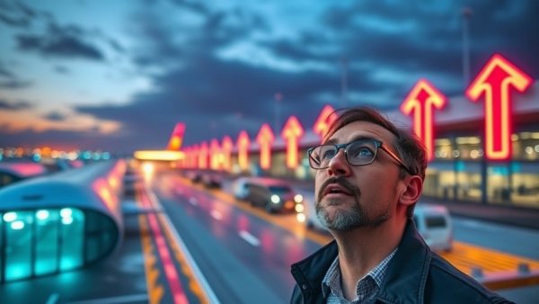 Exciting developments at Northwest Arkansas airport with surprised man and futuristic graphics.