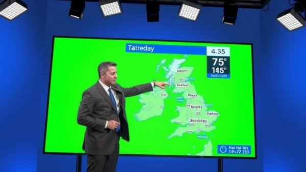 Meteorologist explains stormy weather preparation on TV.