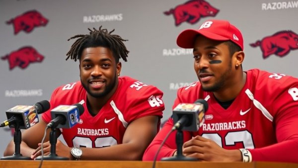 Arkansas Razorbacks athletes at a press conference, discussing team updates.