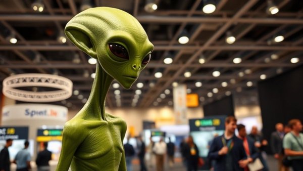 Ozark Mountain UFO Conference with a green alien figure inside a hall.