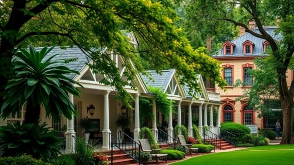 Scenic view of bathhouse row, Hot Springs, vibrant green surroundings.