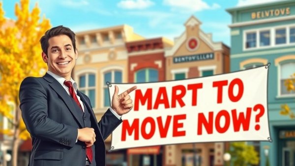 Bentonville AR Real Estate Market Update - Man points at vibrant downtown with banner.