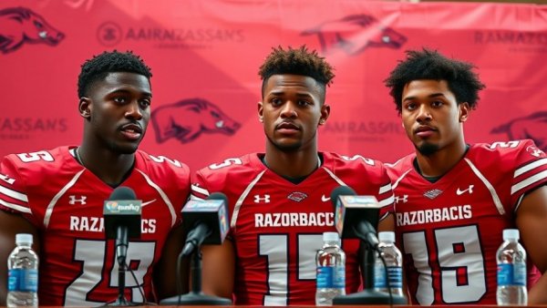 Arkansas Razorbacks athletes at press conference in branded room.