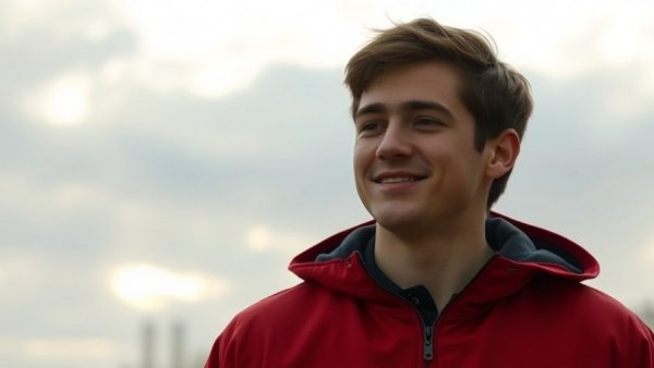 Young man outdoors predicting calmer weather ahead.
