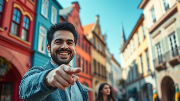 Smiling man in front of colorful Bentonville historic buildings, daytime