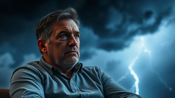 Concerned man against dramatic sky, Northwest Arkansas New Highway discussion.