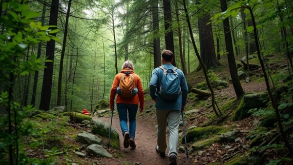 Hikers on Arkansas waterfall hikes through lush forest trail.