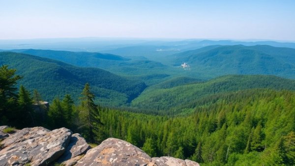Connect with Nature in Arkansas: View from rocky ledge overlooking forest and hills.