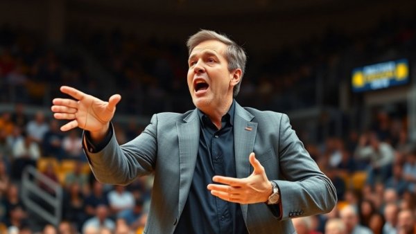 Coach passionately speaking at Arkansas basketball game, indoor arena.