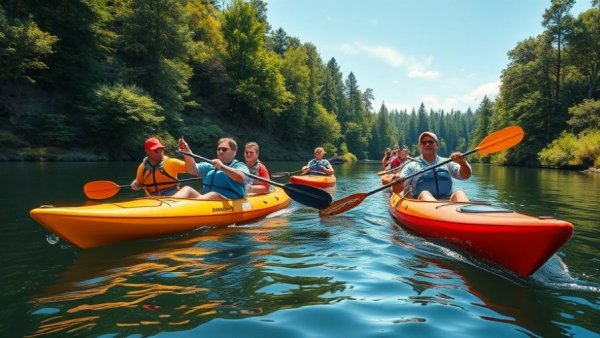 Kayakers explore river in lush Arkansas forest.