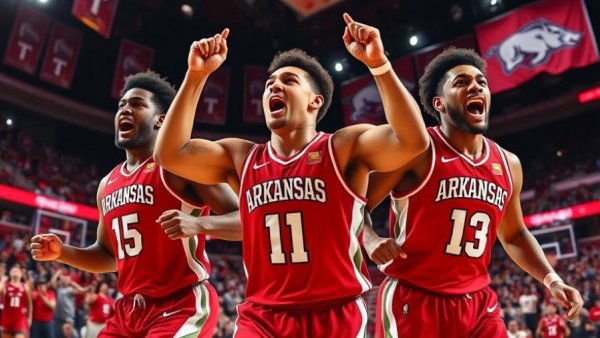 Arkansas Razorbacks basketball recruitment collage with players and flag.