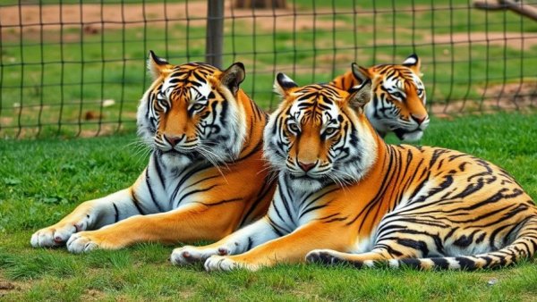Tigers resting at Turpentine Creek Wildlife Refuge behind a fence.