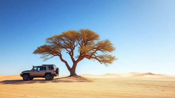 Resilient tree in desert with SUV, symbolizing National Arbor Day