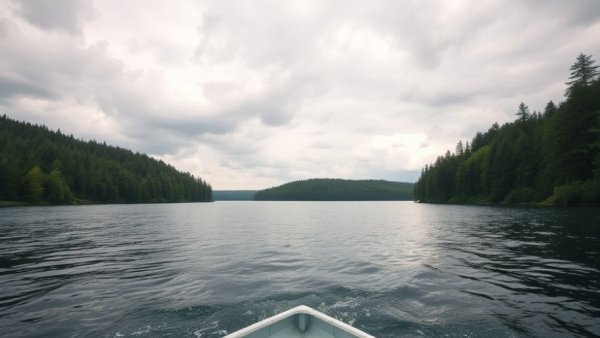 Peaceful view of a lake in Arkansas surrounded by forest, seen from a boat.