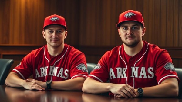 Arkansas Razorbacks players in red uniforms in a meeting room.