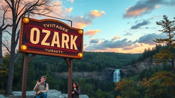 Ozark tourism history poster with vintage design.