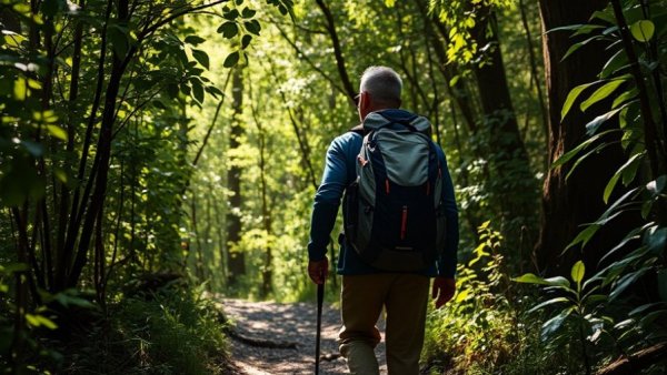 Hiker trekking through lush forest on a climbing adventure