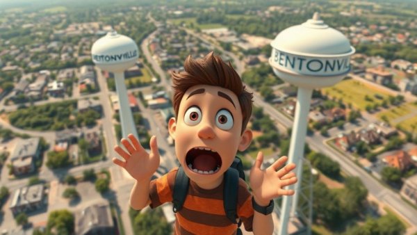 Surprised person by Bentonville water tower, aerial view, Moving to Bentonville AR.