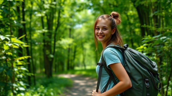 Climbing adventures at Mount Magazine, woman hiking through forest.