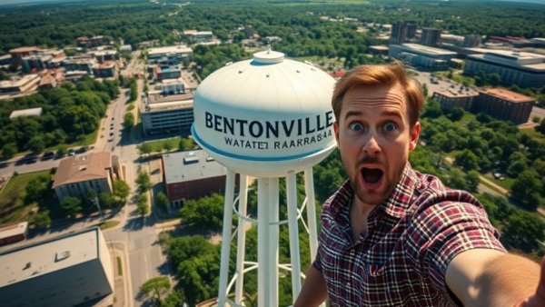 Common mistakes moving to Northwest Arkansas illustrated by Bentonville water tower and surprised man.