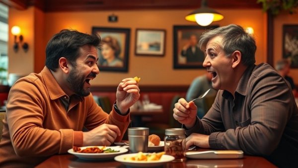 Funny dining scene highlighting table manners humor.